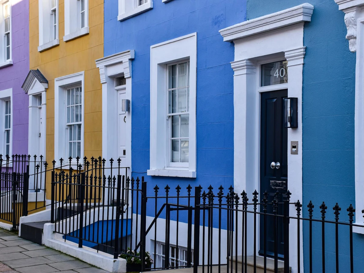 Colourful period terraced houses in Hereford painted by Hereford Painters