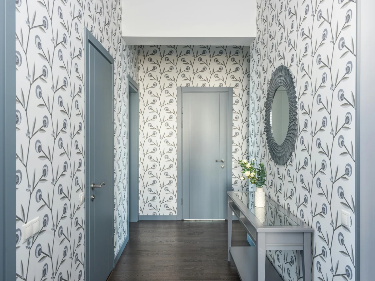 Hallway wallpapering with bird pattern design in Hereford by Hereford Painters