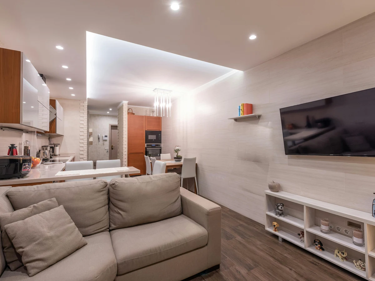 Living room painting in compact open-plan space, Newton Farm by Hereford Painters