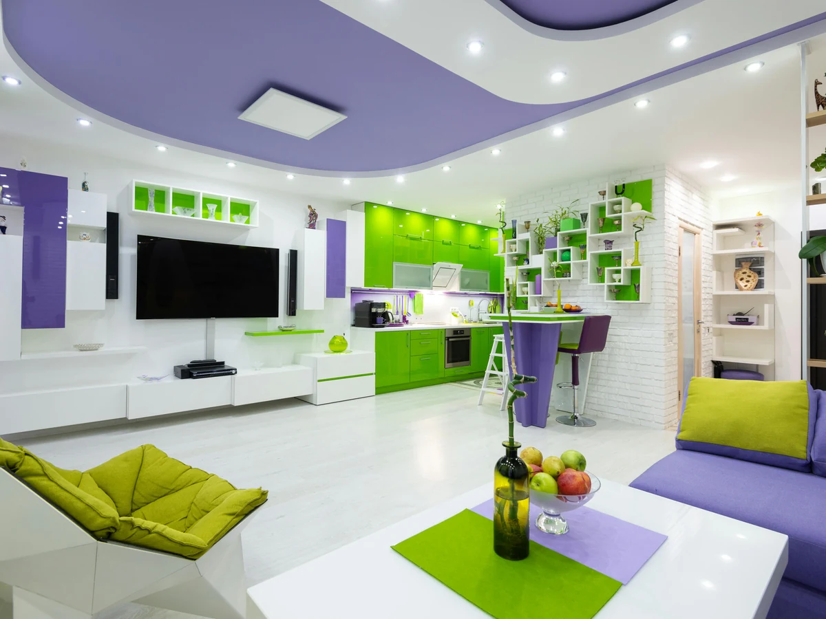 Living room painting in vibrant green and purple tones by Hereford Painters, Fownhope