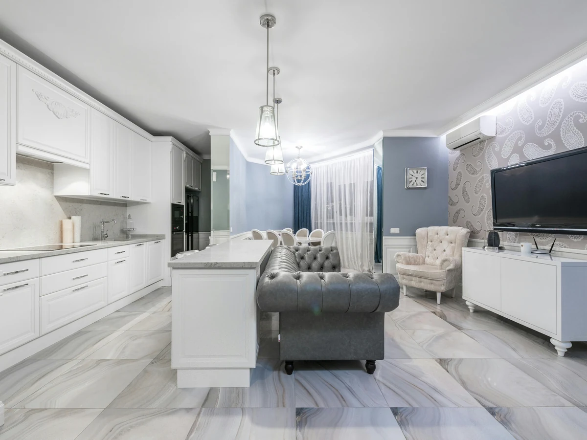 Living room painting in Hereford, white kitchen lounge professionally painted by Hereford Painters